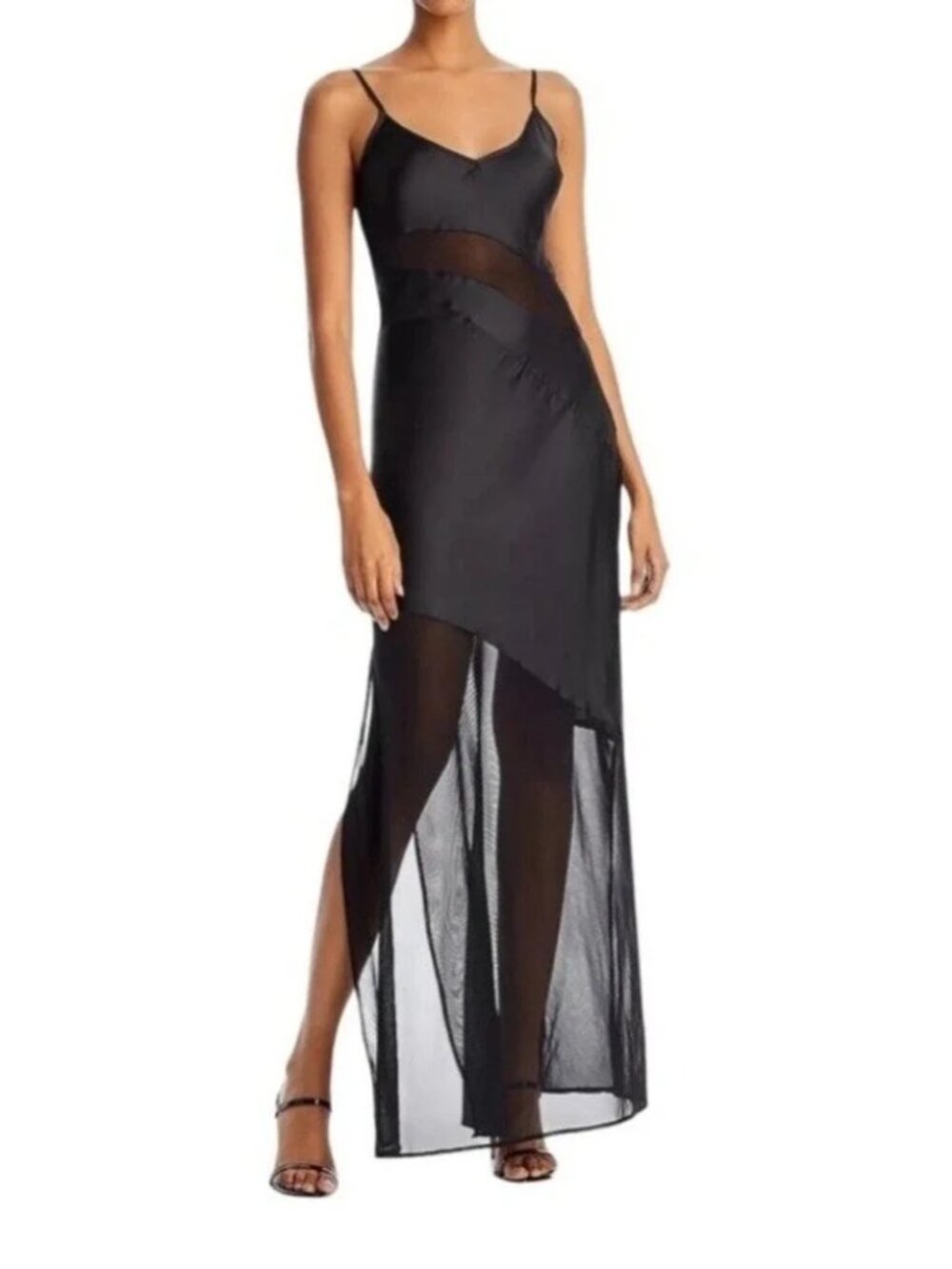 French Connection Inu Satin & Mesh Slipdress Black Party Cocktail Maxi Size 2